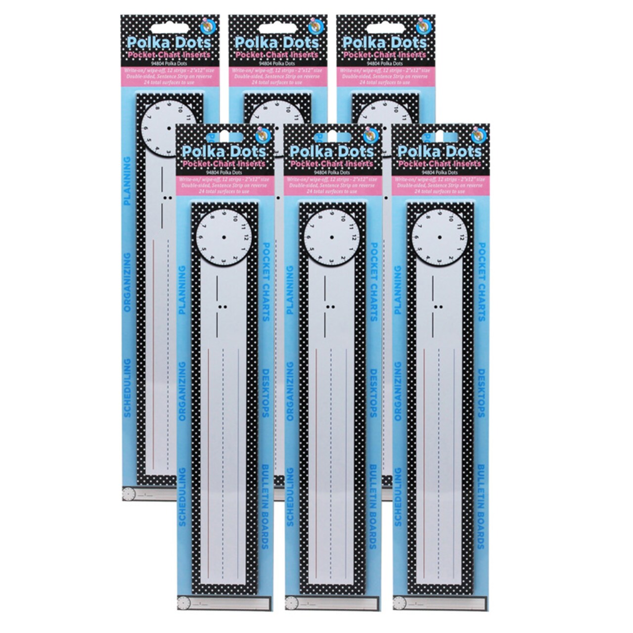 Pocket Chart Inserts, Scheduling/Sentence Strip Cards, 2" X 12", B&W Polka Dots, 12 Per Pack, 6 Packs